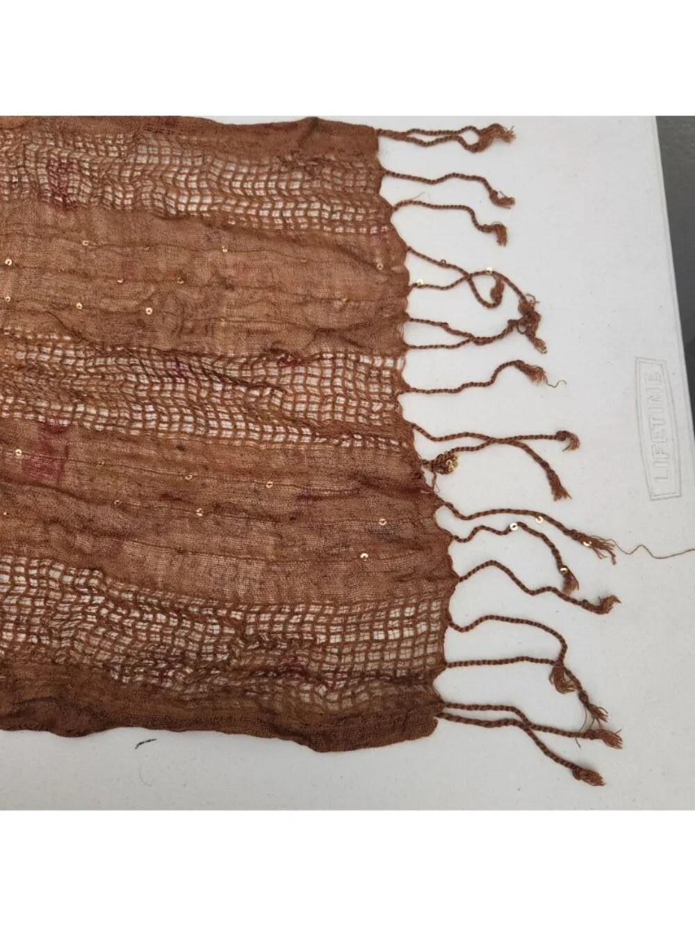 Lightweight Brown Paisley Sequin Scarf With Fringe Detail - Made In India - 100%